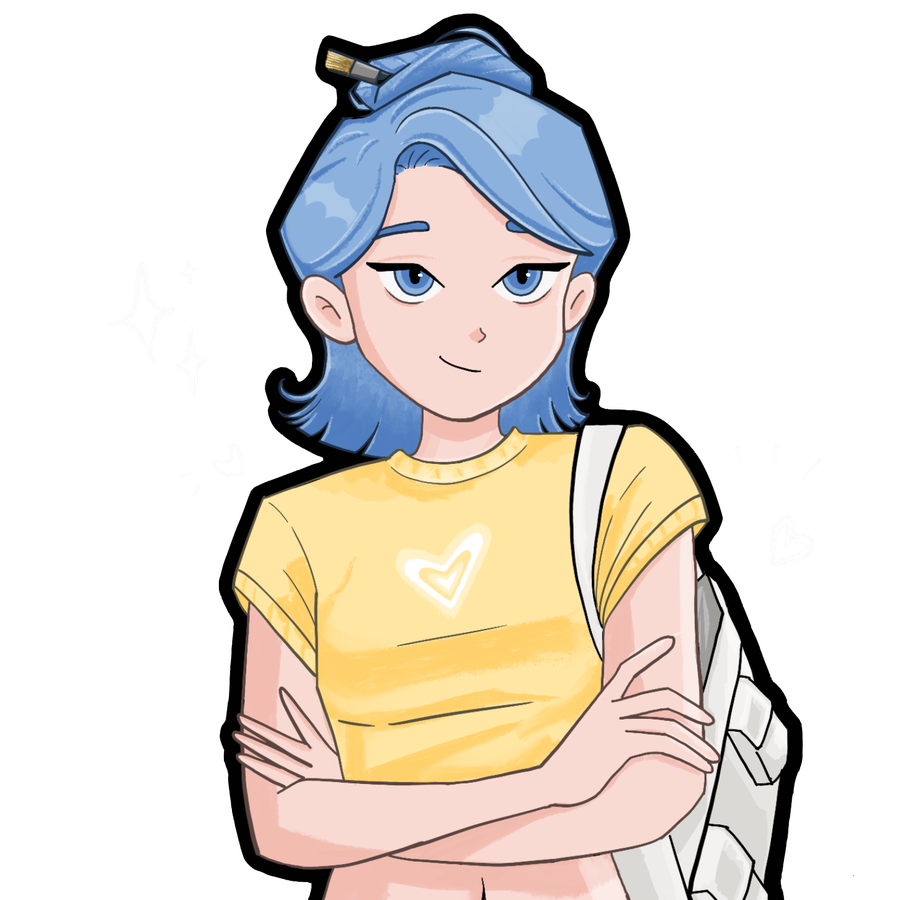 Illustrated portrait of Ritika: a character with blue hair in a
                    top-knot, a yellow heart-print tee and a backpack, smiling with
                    her arms folded